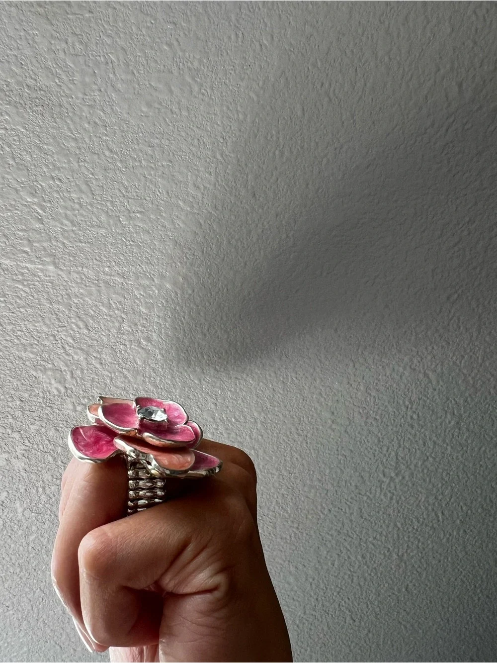 Pink & Peach Enamel Flower Ring with Crystal Center